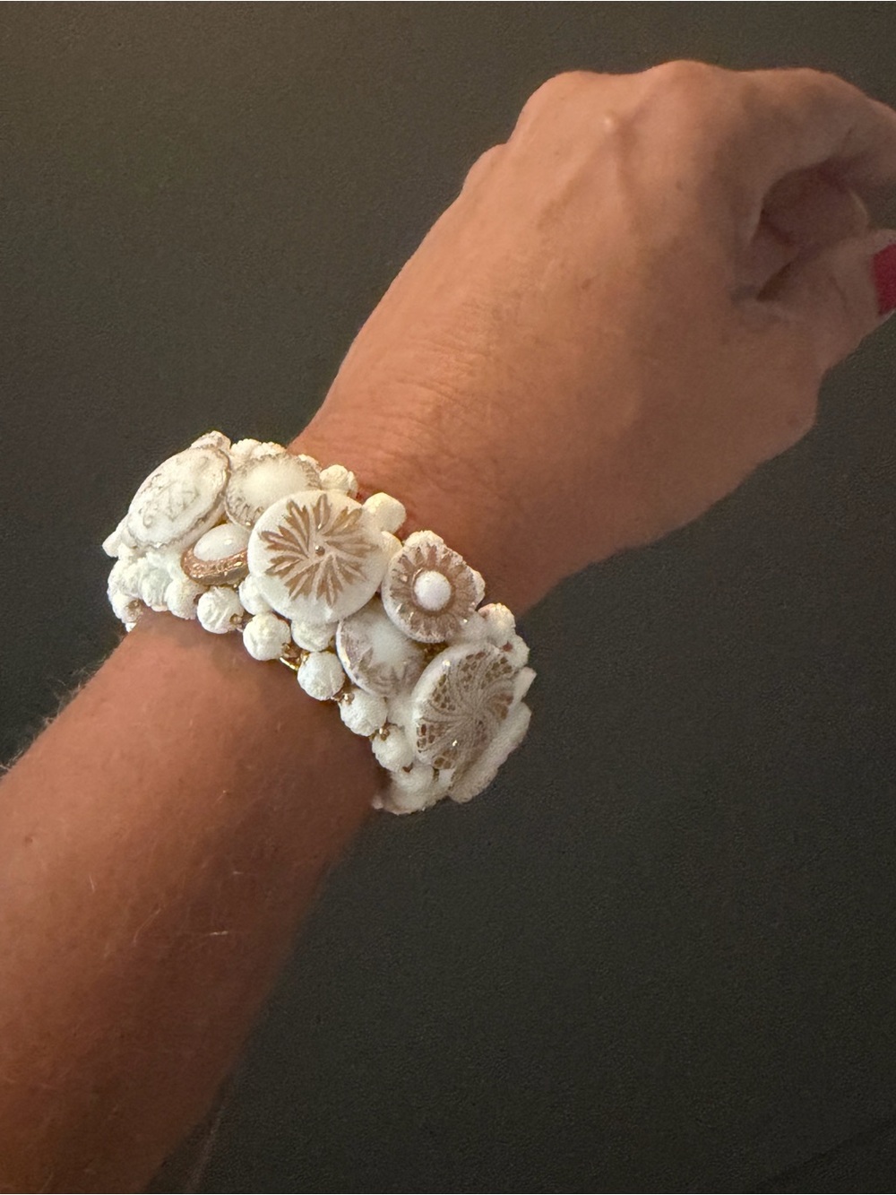 VTG 1960s Lucite Button Stretch Bracelet Wide Cuff Cream White Gold